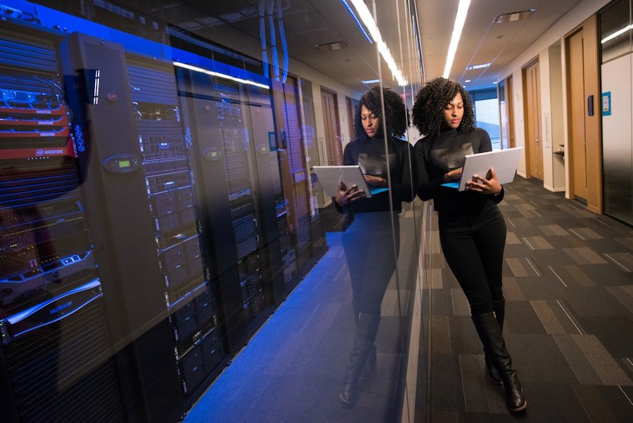 Server room corridor, illustrating the crawlers and indexes behind AI answer engines
