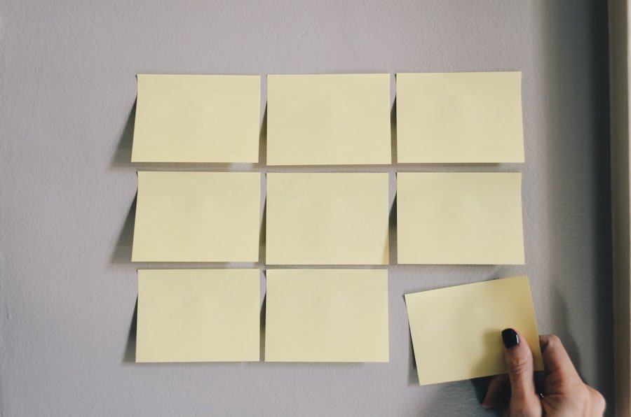 A grid of sticky notes on a wall, illustrating a step-by-step checklist