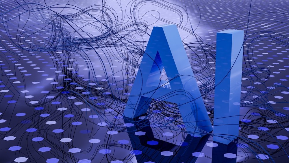 Abstract three-dimensional AI lettering over a data field